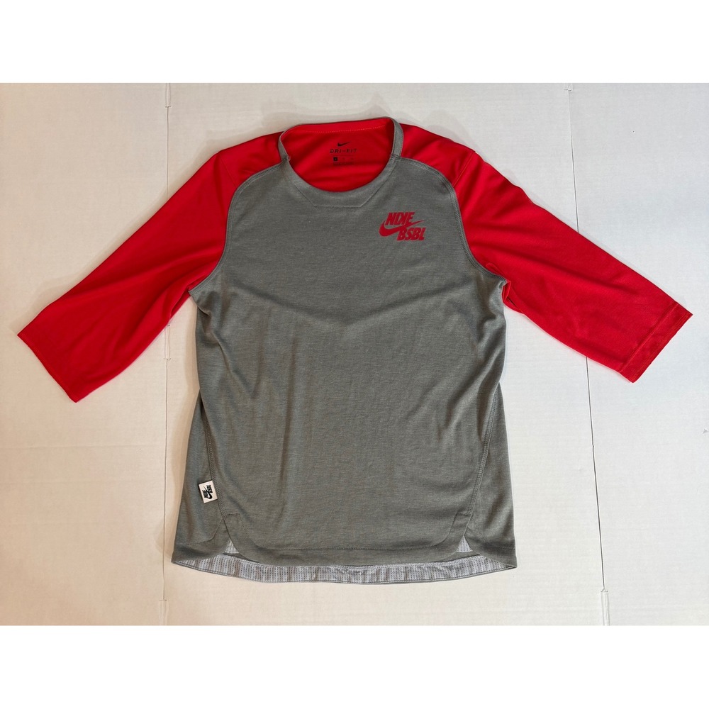 Nike Dri-FIT Baseball Shirt Mens XL Gray Red 3/4 Sleeve Raglan BSBL